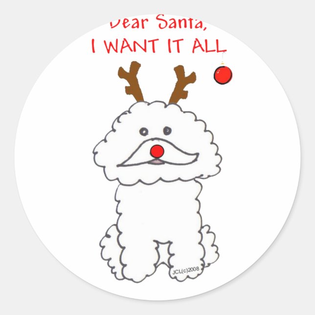 Bichon Frise Dear Santa Runder Aufkleber (Vorderseite)