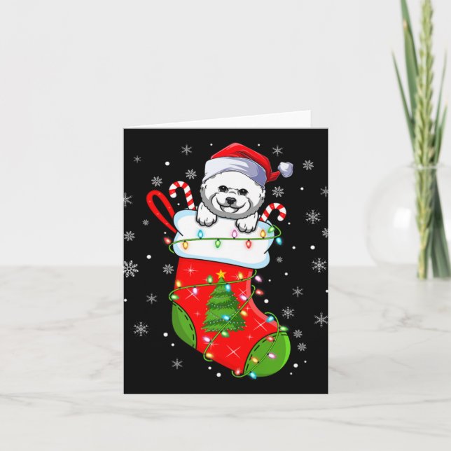 Bichon Frise Dog In Christmas Socks Lights Xmas Pr Karte (Vorderseite)
