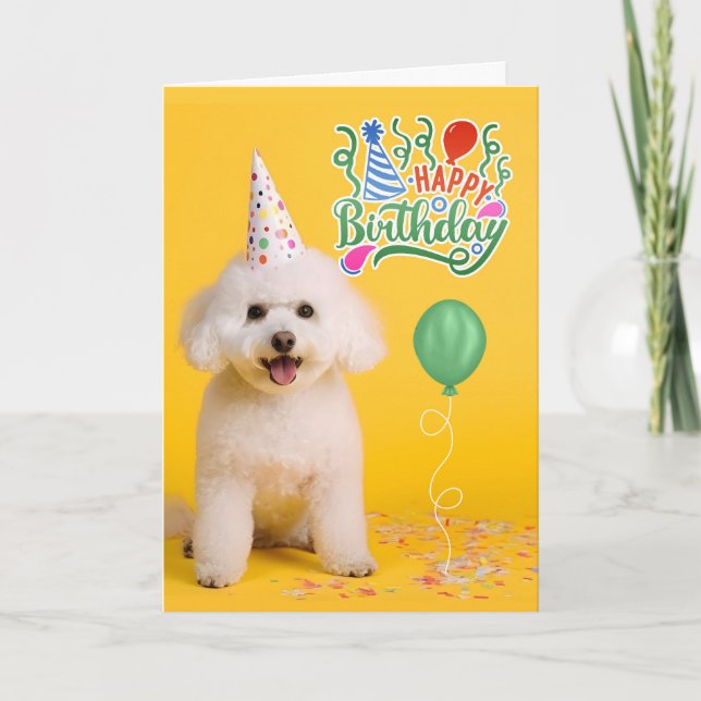 Bichon Frise Dog in Party Hat on Yellow Birthday Karte (Vorderseite)
