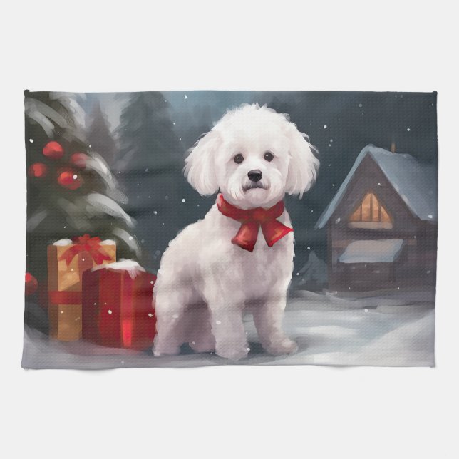 Bichon Frise Dog in Schnee Weihnachten Geschirrtuch (Horizontal)