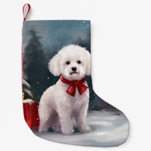 Bichon Frise Dog in Schnee Weihnachten Kleiner Weihnachtsstrumpf