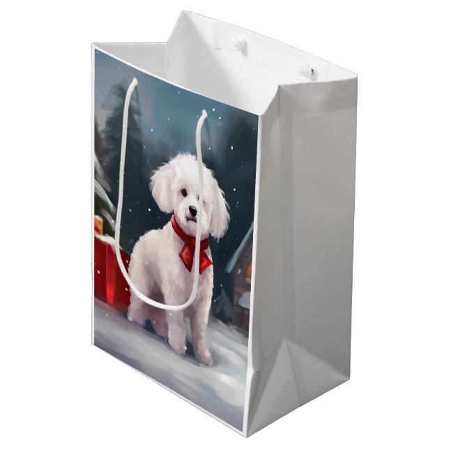 Bichon Frise Dog in Schnee Weihnachten Mittlere Geschenktüte (Vorderseite Schrägansicht)