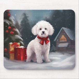Bichon Frise Dog in Schnee Weihnachten Mousepad