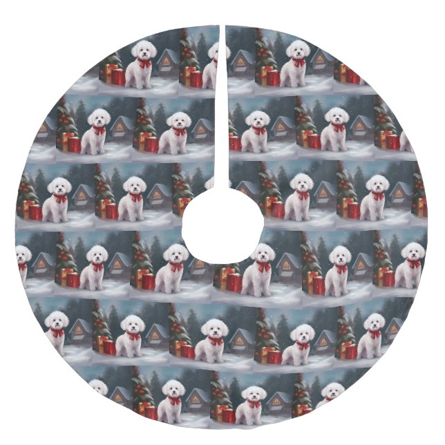 Bichon Frise Dog in Schnee Weihnachten Polyester Weihnachtsbaumdecke (Vorderseite)