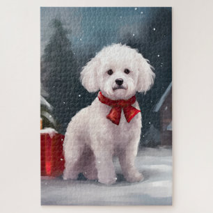 Bichon Frise Dog in Schnee Weihnachten Puzzle