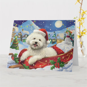 Bichon Frise Dog in Sleigh Snow Weihnachten Karte