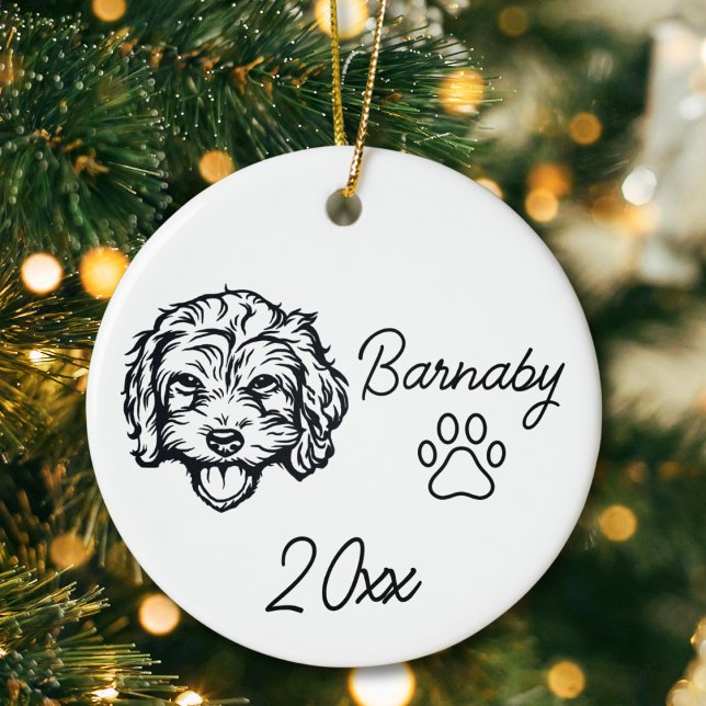 Bichon Frise Dog Individuelle Name & Year Line Art Keramik Ornament (Bichon Friese Dog Custom Name and Year Ornament with Paw Print. Black and White Line Art Modern)