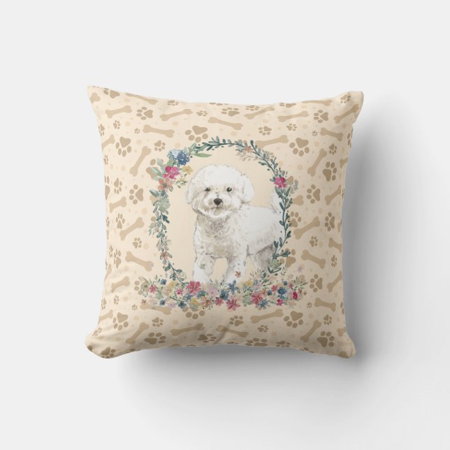 Bichon Frise Dog Paw Print & Floral Niedlich Kissen (Vorderseite)