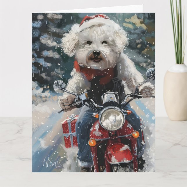 Bichon Frise Dog Riding Motorrad Weihnachten Karte (Vorderseite)