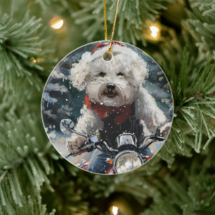 Bichon Frise Dog Riding Motorrad Weihnachten Keramik Ornament