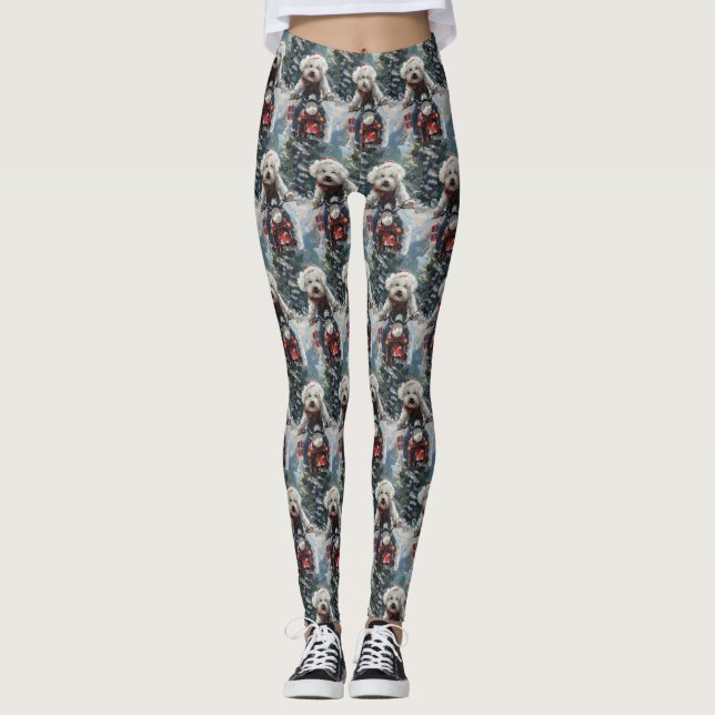 Bichon Frise Dog Riding Motorrad Weihnachten Leggings (Vorderseite)