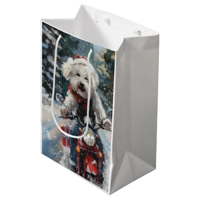 Bichon Frise Dog Riding Motorrad Weihnachten Mittlere Geschenktüte (Vorderseite Schrägansicht)
