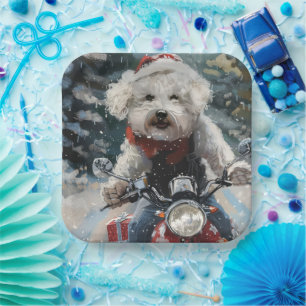 Bichon Frise Dog Riding Motorrad Weihnachten Pappteller