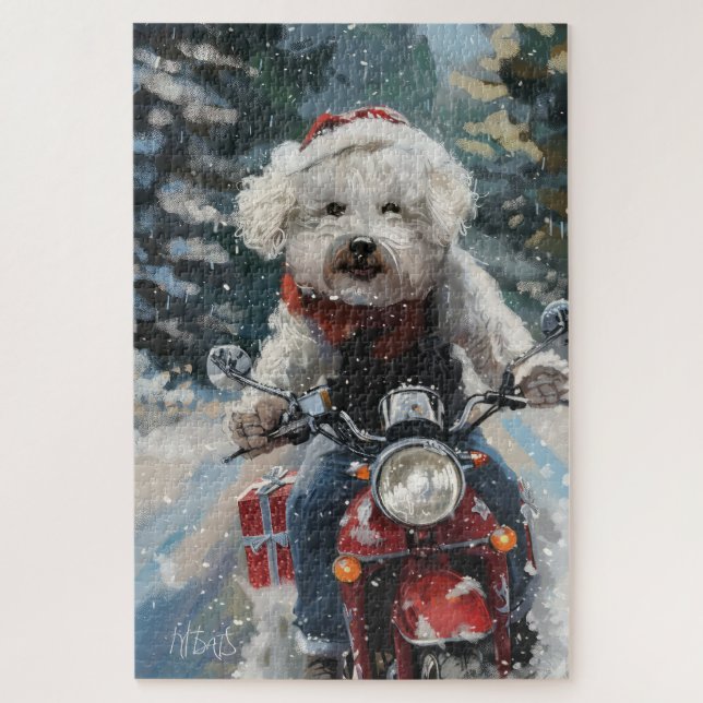 Bichon Frise Dog Riding Motorrad Weihnachten Puzzle (Vertikal)