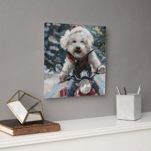 Bichon Frise Dog Riding Motorrad Weihnachten Quadratische Wanduhr