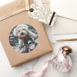 Bichon Frise Dog Riding Motorrad Weihnachten Runder Aufkleber