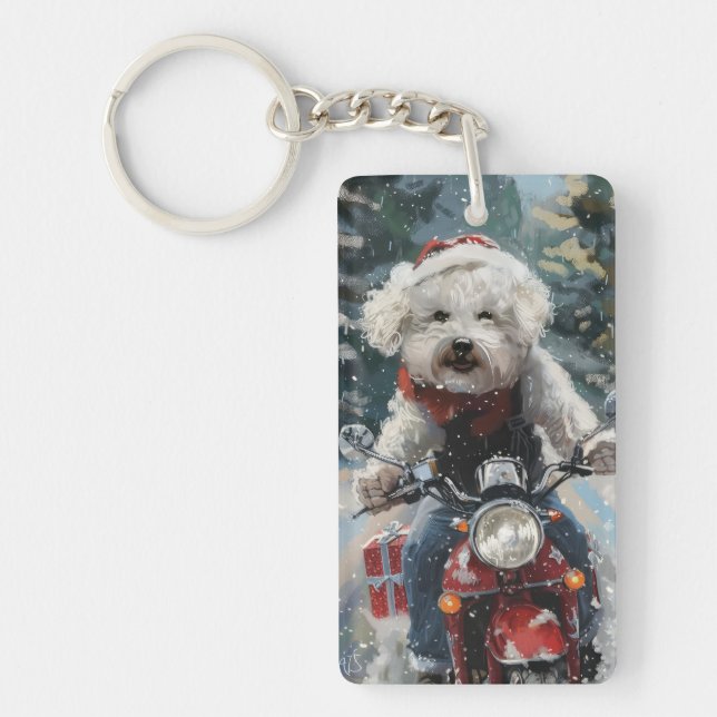 Bichon Frise Dog Riding Motorrad Weihnachten Schlüsselanhänger (Vorderseite)