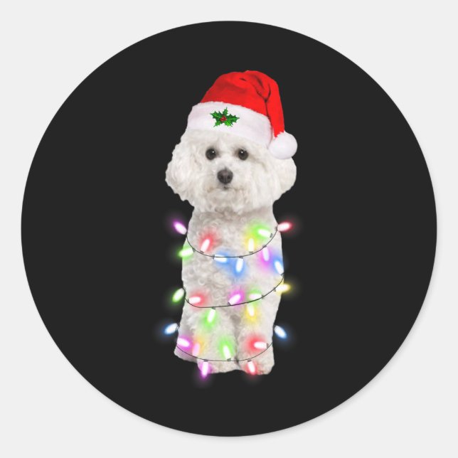 Bichon Frise Dog Santa Christmas Tree Lights Xmas  Runder Aufkleber (Vorderseite)
