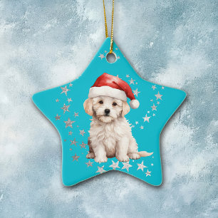 Bichon Frise Dog Silver Stars Blue Christmas Keramik Ornament