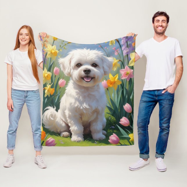 Bichon Frise Dog Spring Blumen Malerei Fleecedecke (Beispiel)