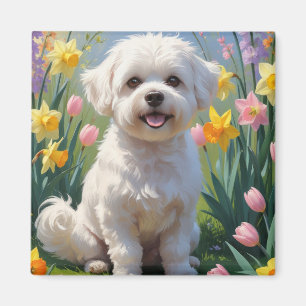 Bichon Frise Dog Spring Blumen Malerei Magnet