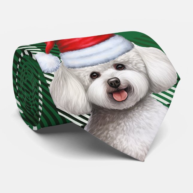 Bichon Frise Dog und Green Kariert Christmas Krawatte (Gerollt)