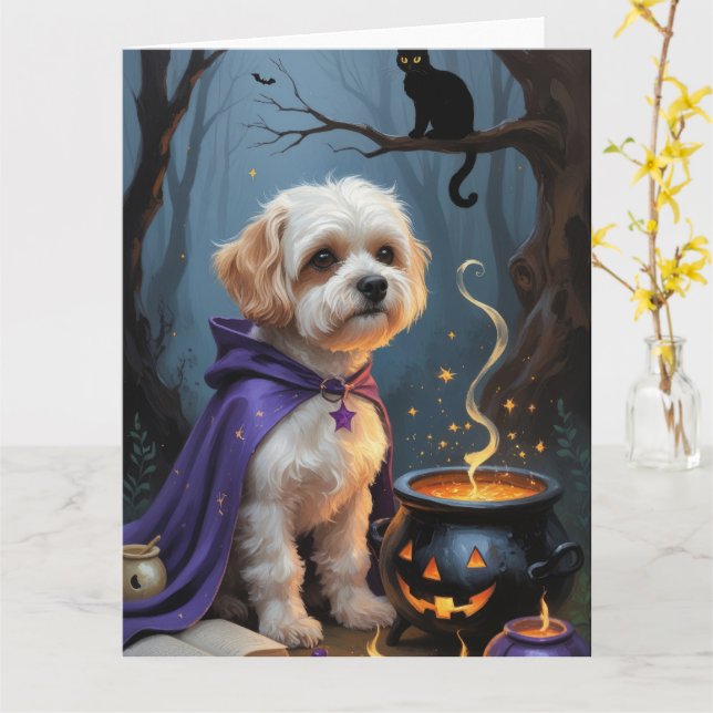 Bichon Frise Dog Whimsical Halloween Malerei Karte (Gelbe Blume)