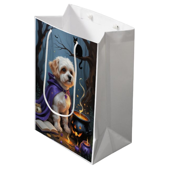 Bichon Frise Dog Whimsical Halloween Malerei Mittlere Geschenktüte (Vorderseite Schrägansicht)