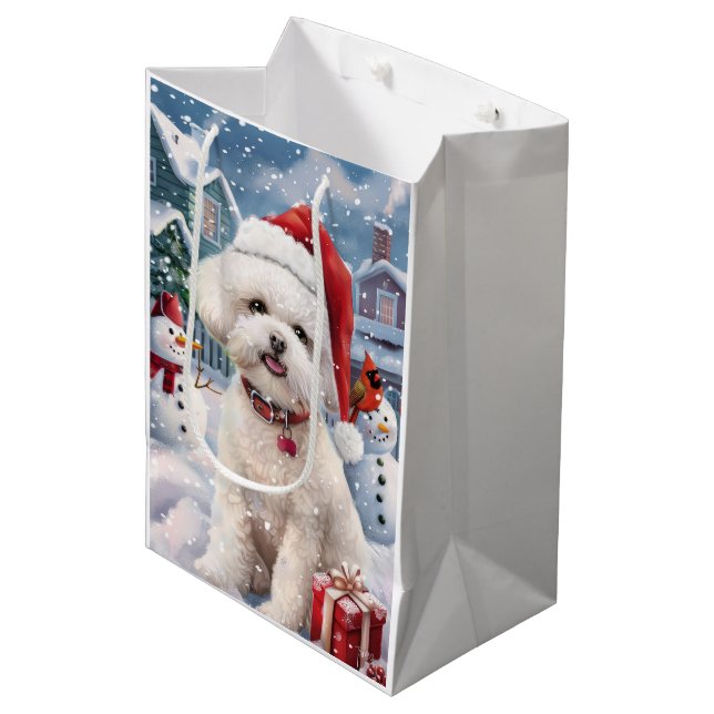 Bichon Frise Dog Winter Wonderland Weihnachtsfreud Mittlere Geschenktüte (Vorderseite Schrägansicht)