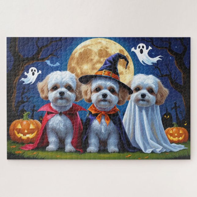 Bichon Frise Dogs Pumpkin Halloween Funny Puzzle (Horizontal)