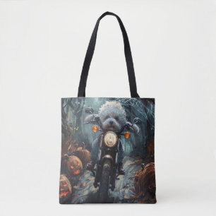 Bichon Frise fährt Motorrad Halloween Gruselig