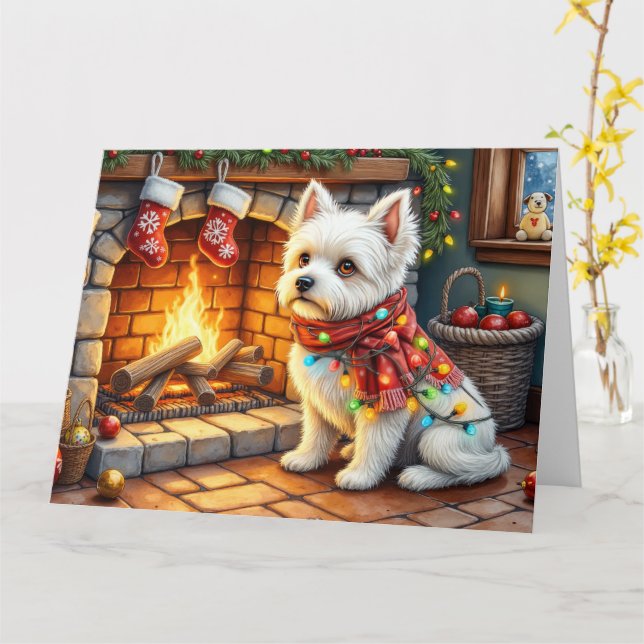 Bichon Frise Fireplace with Christmas Lights Karte (Gelbe Blume)