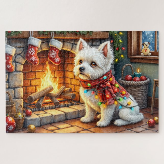 Bichon Frise Fireplace with Christmas Lights Puzzle (Horizontal)