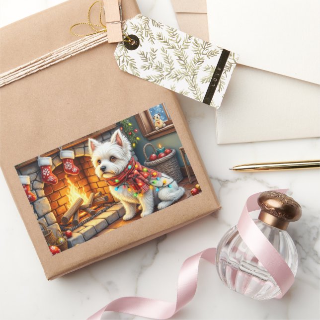 Bichon Frise Fireplace with Christmas Lights Rechteckiger Aufkleber (Schenken)
