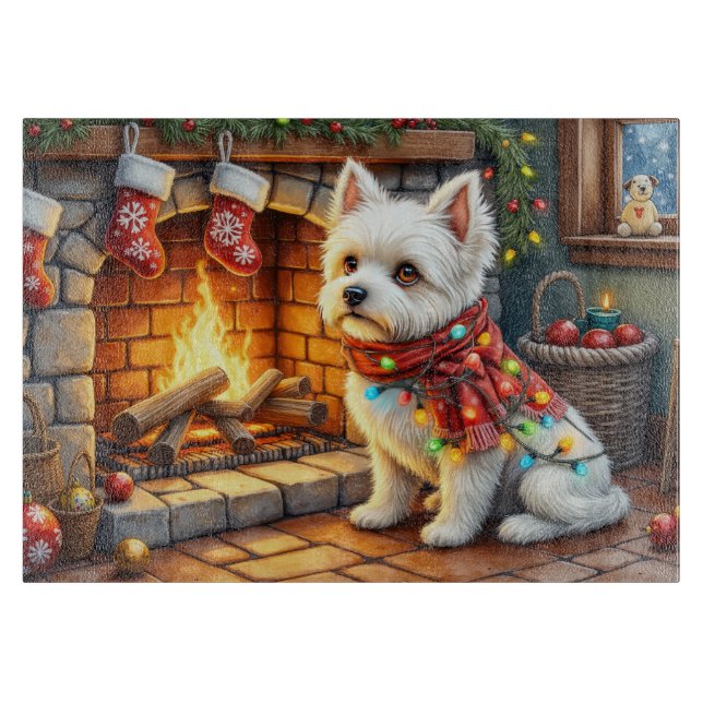 Bichon Frise Fireplace with Christmas Lights Schneidebrett (Vorderseite)
