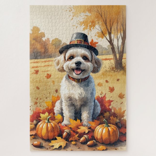 Bichon Frise Herbst lässt Erntedank Art Puzzle (Vertikal)