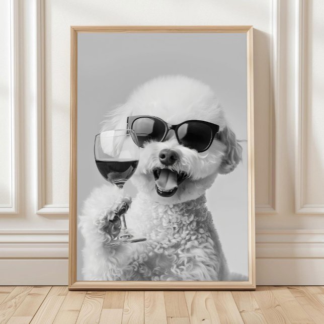 Bichon Frise Holding Wine Wall Art, Black and Whit Poster (Von Creator hochgeladen)