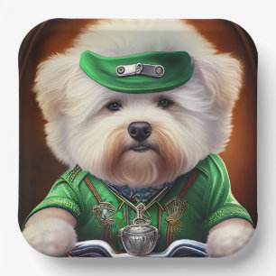 Bichon Frisé Hund fährt Fahrrad St. Patrick's Day Pappteller