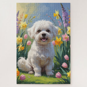 Bichon Frise Hund Frühlingsblumen Malerei Puzzle