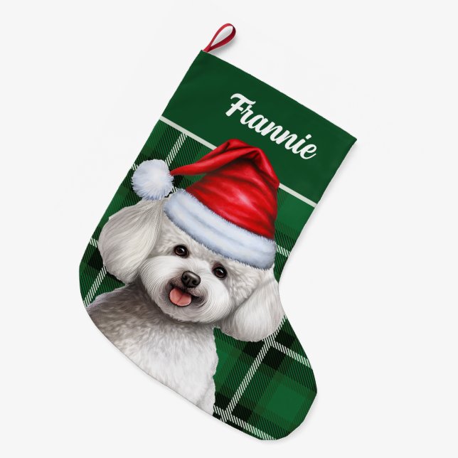 Bichon Frise Hund Holiday Green Kariert Hund Name Großer Weihnachtsstrumpf (Vorderansicht (hängend))