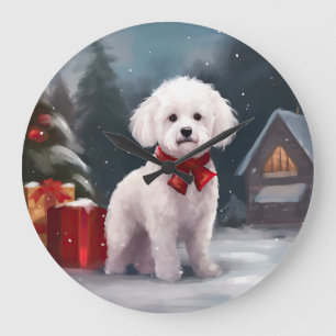Bichon Frise Hund im Schnee Weihnachten Große Wanduhr