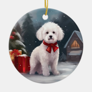 Bichon Frise Hund im Schnee Weihnachten Keramik Ornament