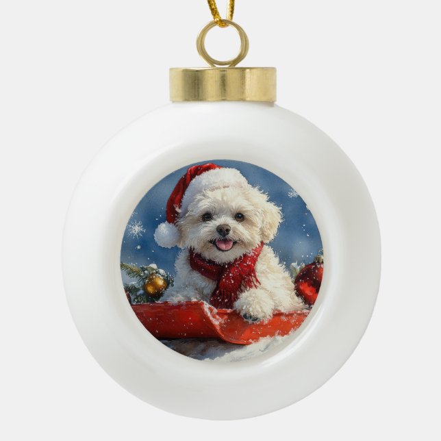 Bichon Frise Hund in Sledge Let it Schnee Weihnach Keramik Kugel-Ornament (Vorderseite)