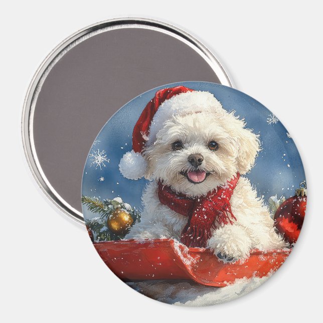 Bichon Frise Hund in Sledge Let it Schnee Weihnach Magnet (Vorderseite/Rückseite)