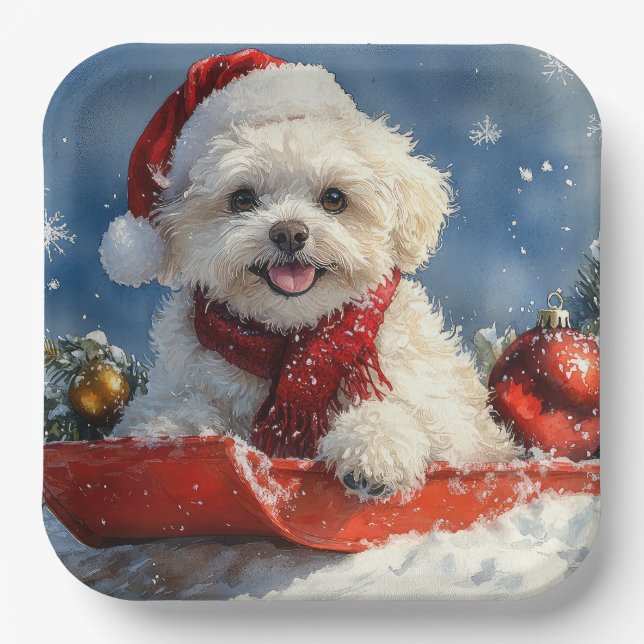 Bichon Frise Hund in Sledge Let it Schnee Weihnach Pappteller (Vorderseite)