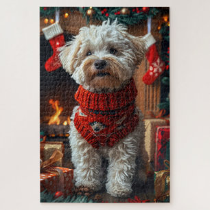Bichon Frise Hund mit Weihnachtsgeschenken Kamin Puzzle