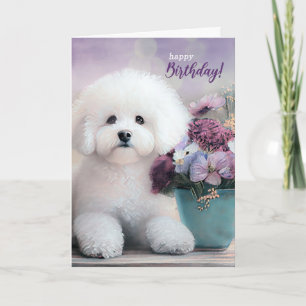 Bichon Frise-Hund zum Geburtstag mit lila Blumen Karte