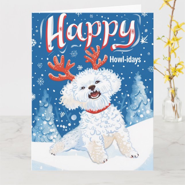 Bichon Frise in Snow Christmas Karte (Gelbe Blume)