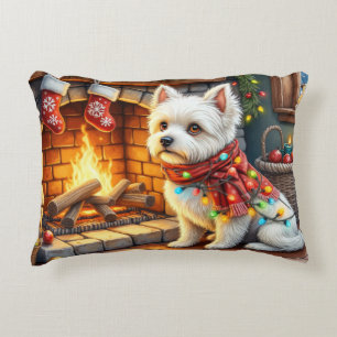 Bichon Frise Kamin mit Weihnachtslichtern Dekokissen
