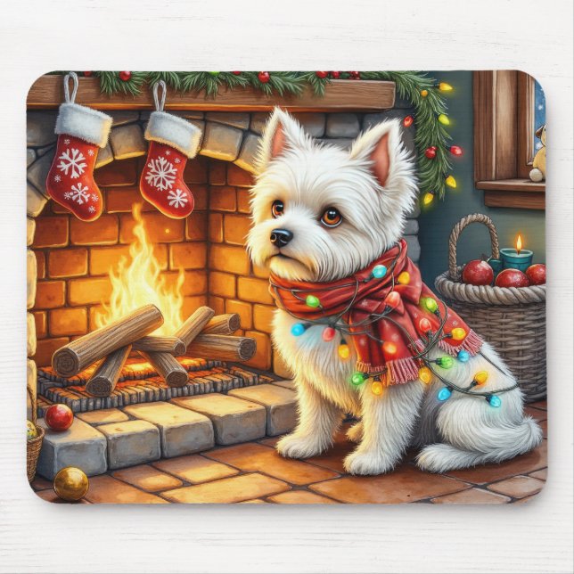 Bichon Frise Kamin mit Weihnachtslichtern Mousepad (Vorne)